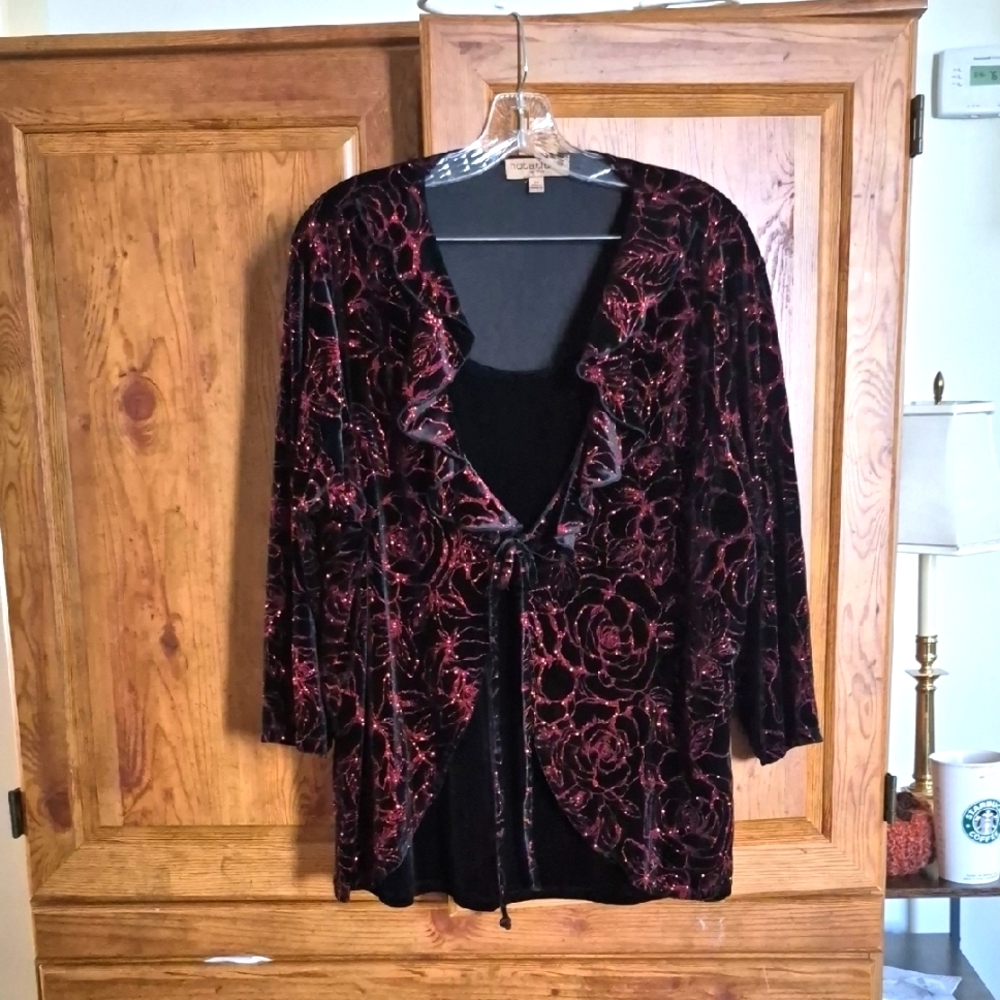 Elegant Plus Size Notations Black Red Metallic Velvet Shirt 3X